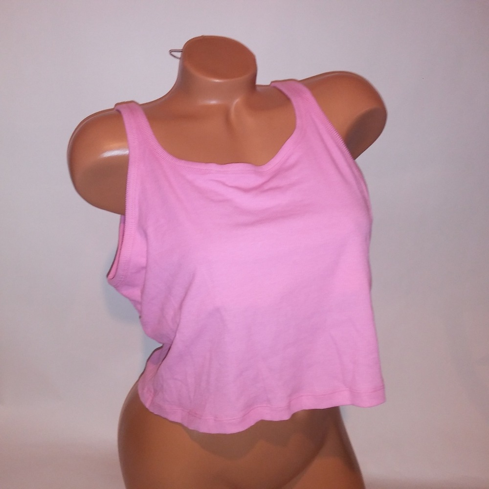 Victoria Secret PINK Tank Top Crop XXL 2X Pink Ribbed Solid Shelf Bra Sleeveless
